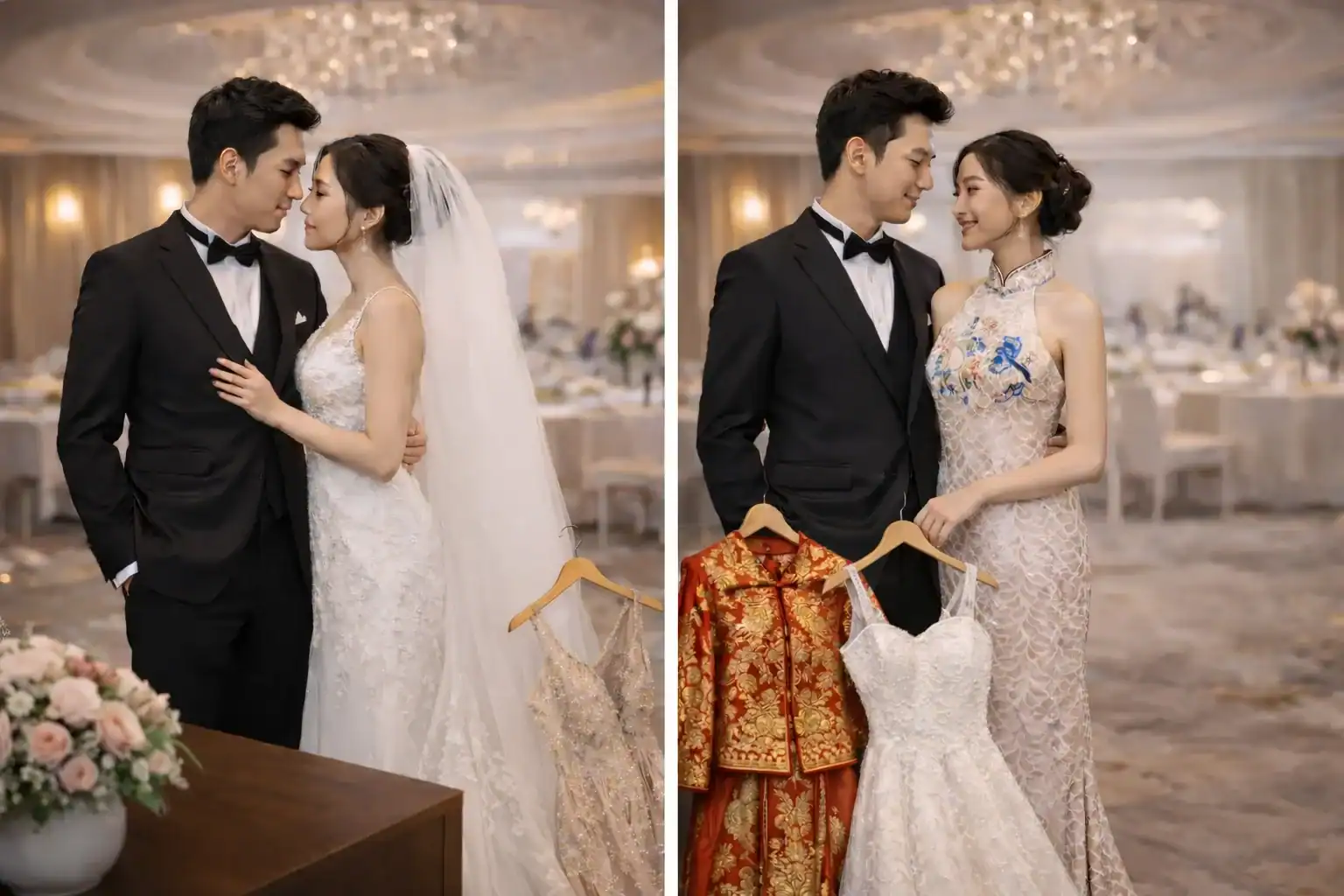 A bride and groom in a wedding venue, posing together. On the left, the bride wears a white gown and veil; on the right, she wears a traditional dress, holding both her white gown and a red embroidered outfit.