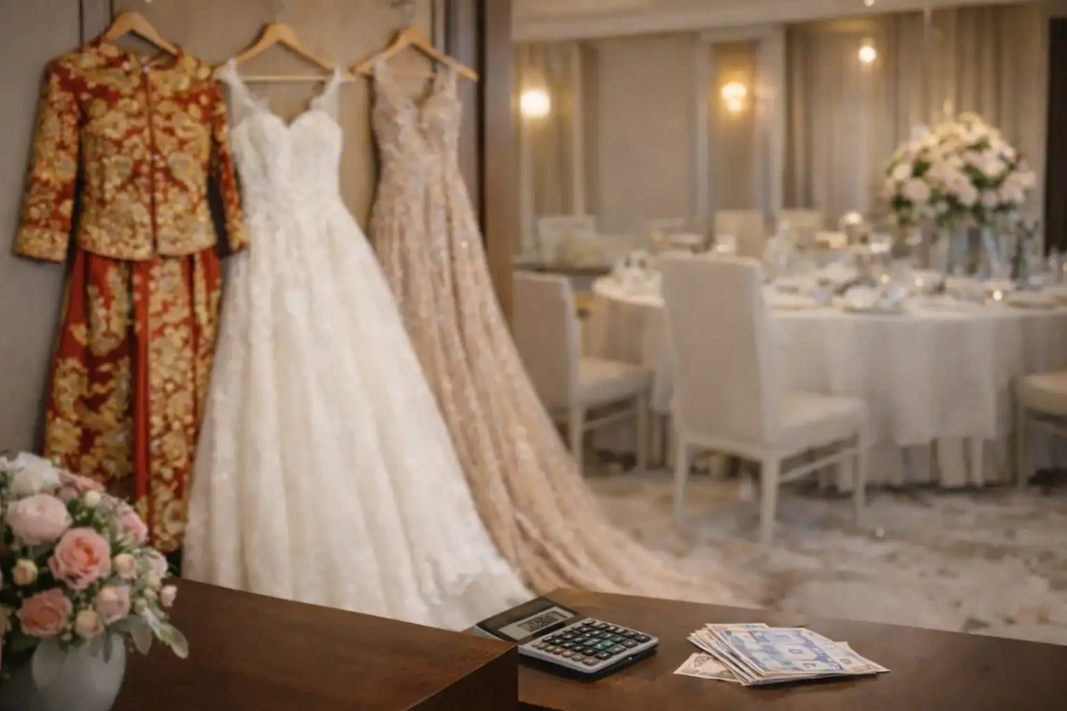 Three elegant dresses, including a white wedding gown, hang on a wall near a formal dining area. On a wooden table in the foreground are a bouquet, a calculator, and neatly stacked banknotes.