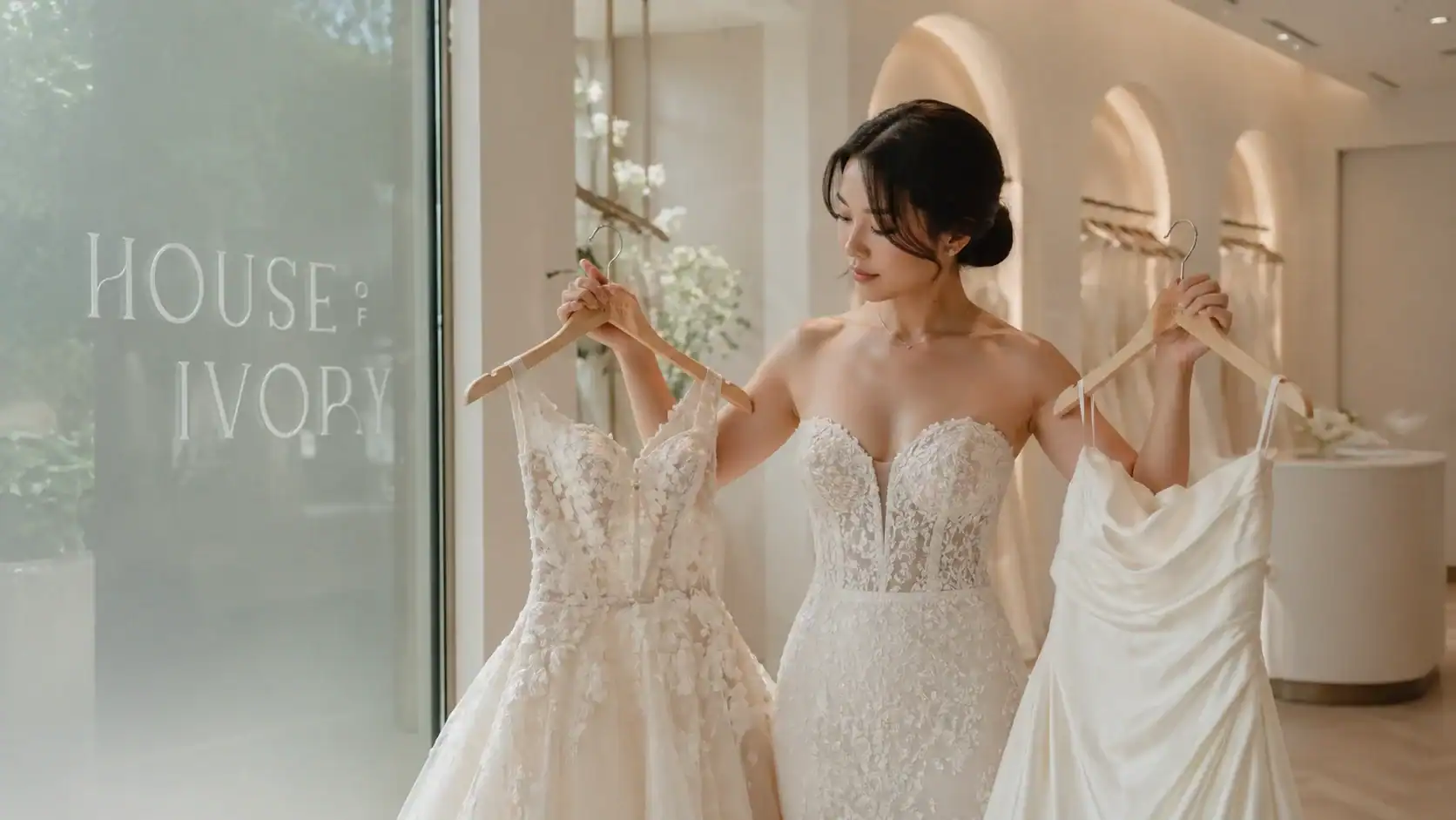 A bride comparing two wedding gowns in a luxury Singapore bridal boutique named House of Ivory
