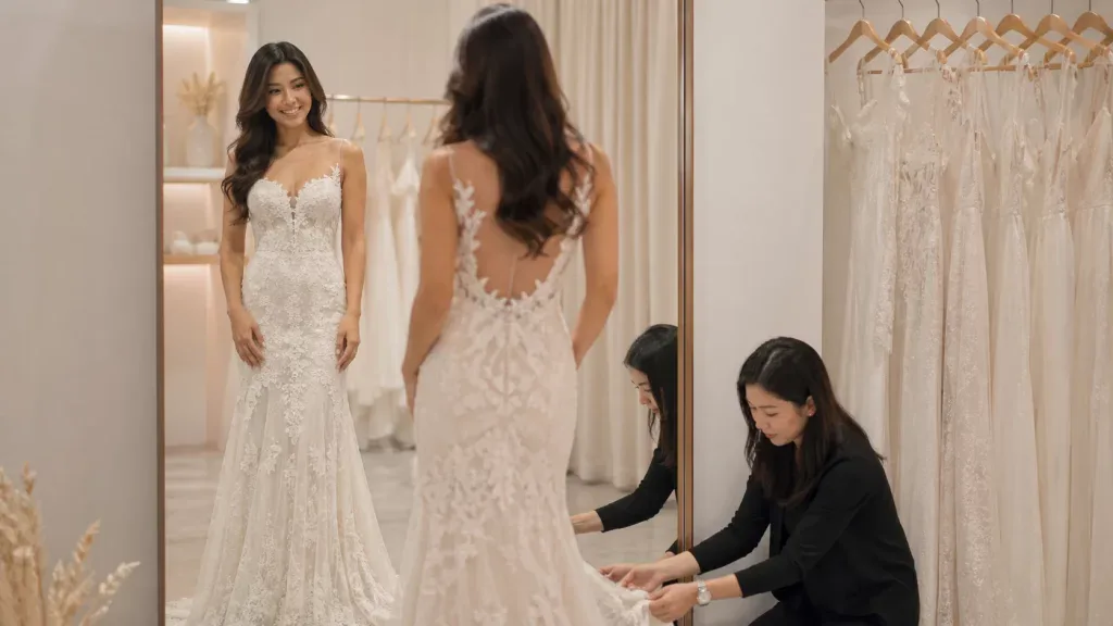 Bride during a gown fitting at a Singapore bridal boutique named House of Ivory