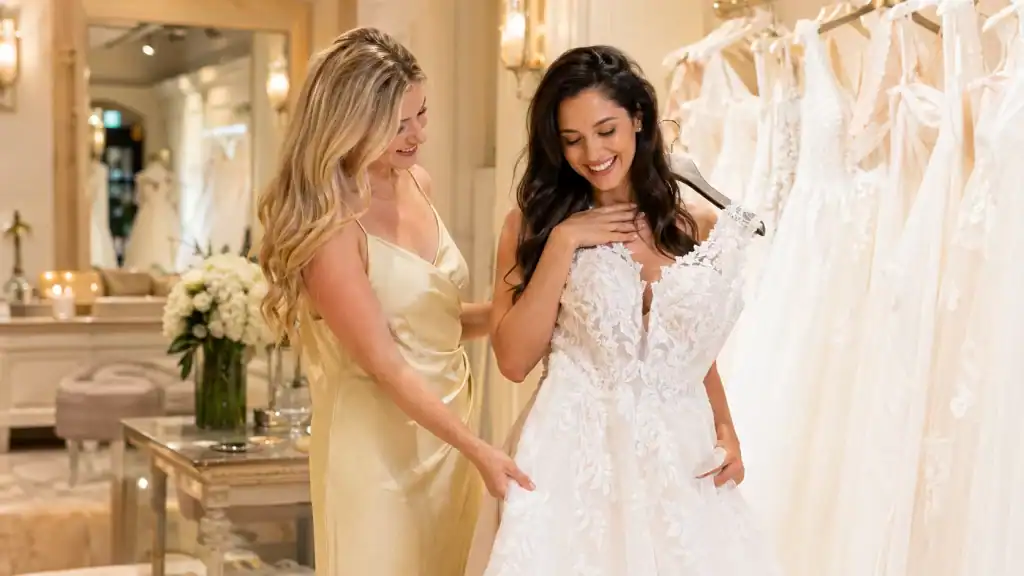 A bride and a close friend looking at wedding gowns together in an elegant, warmly lit bridal boutique in Singapore called House of Ivory