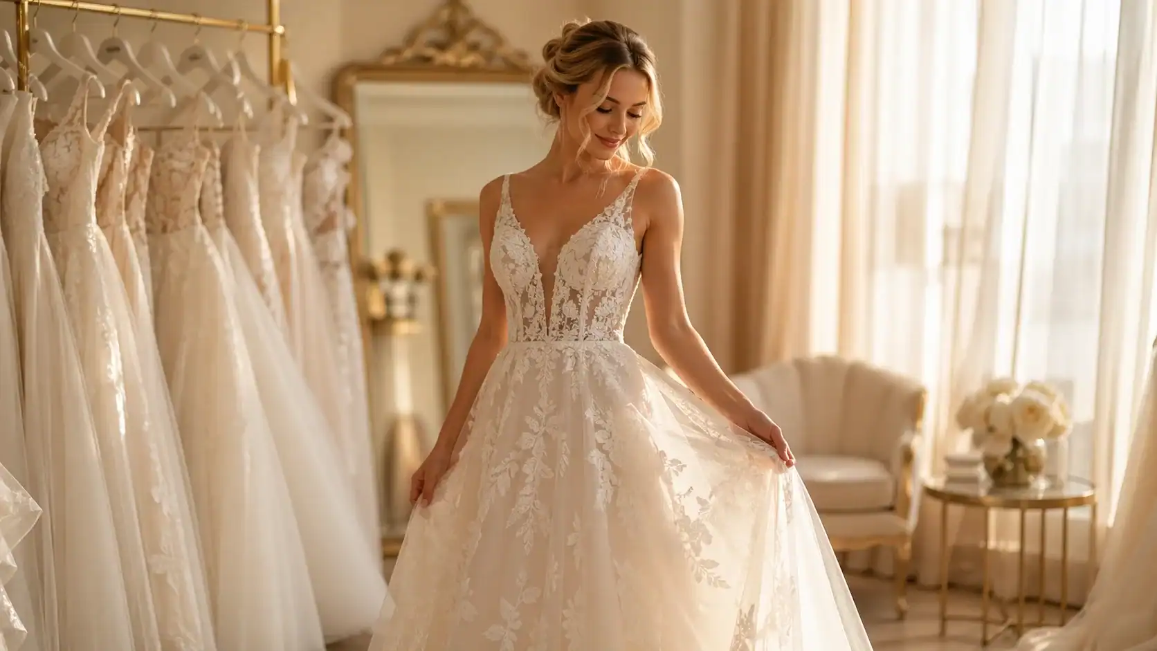 Bride in a luxury Singapore bridal boutique House of Ivory surrounded by designer wedding gowns available for rental