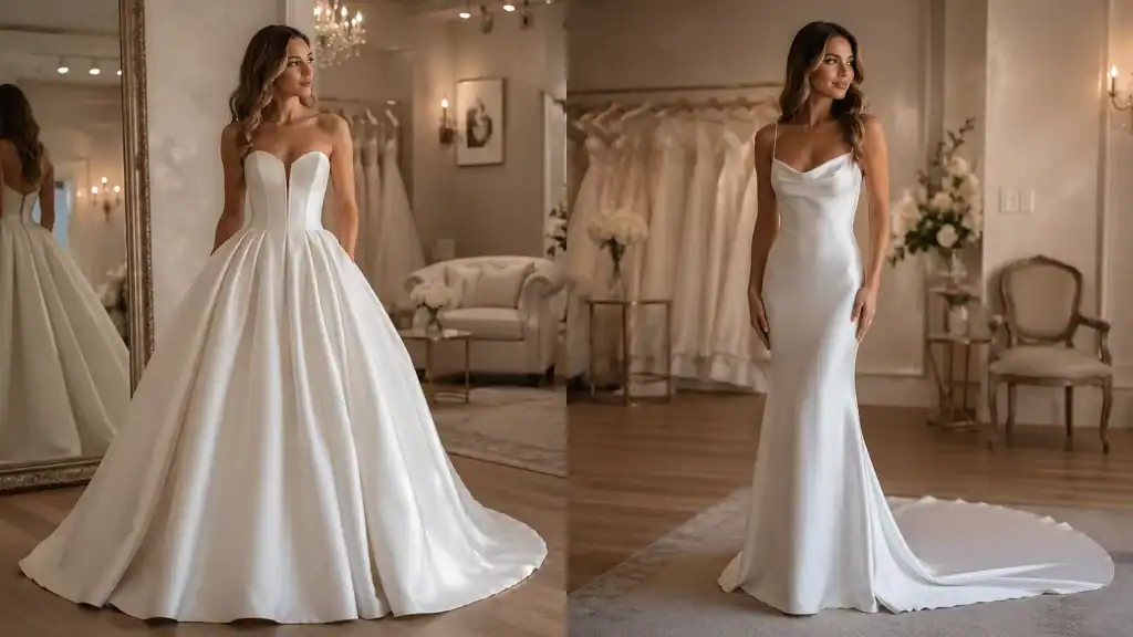 Two brides comparing wedding gown styles in a Singapore bridal boutique, illustrating the rental versus purchase decision