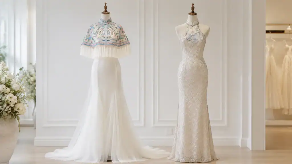 Side-by-side comparison of a traditional kua and a modern cheongsam for Singapore wedding tea ceremony.