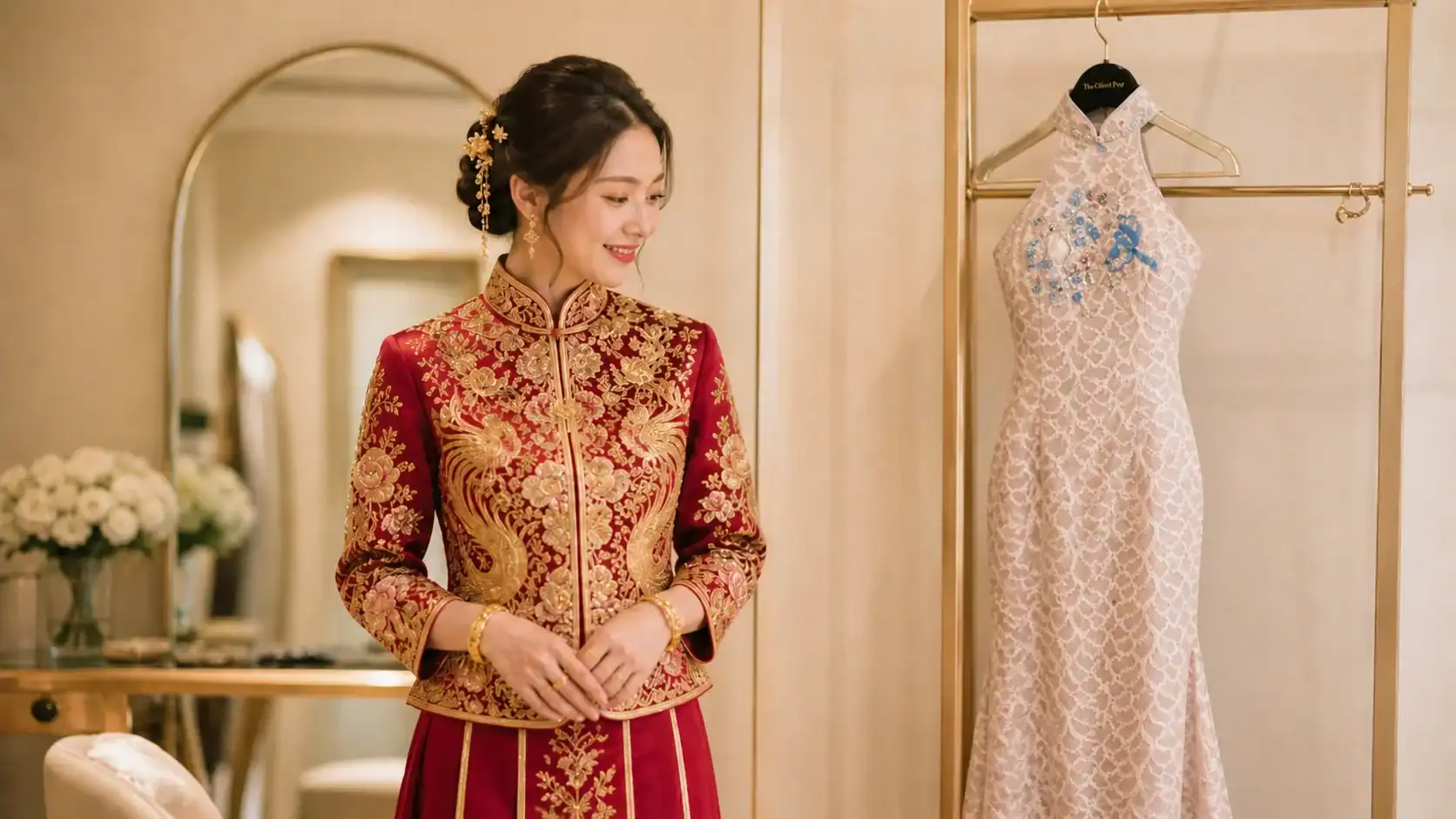 Singapore bride comparing a traditional kua and a modern cheongsam for her wedding tea ceremony outfit choice.