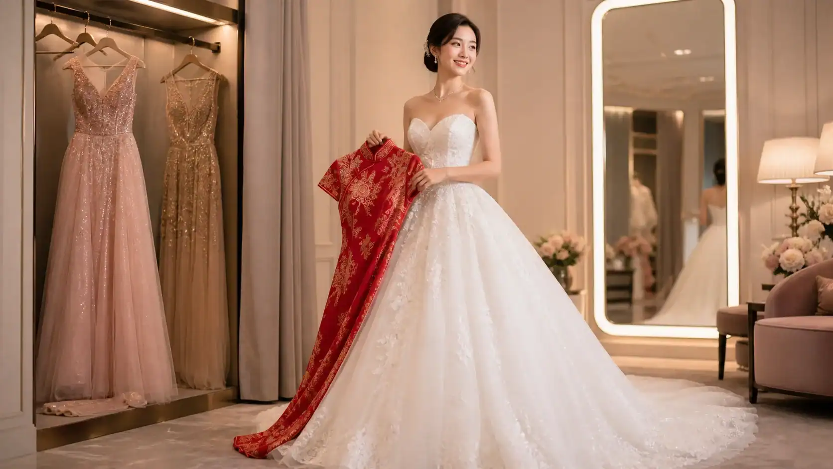 A Singapore bride holding multiple wedding outfits in a bridal boutique, representing the outfit planning process for a Singapore wedding.