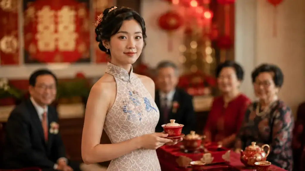 Singapore bride in a modern cheongsam at a Chinese wedding tea ceremony, representing the contemporary approach to tea ceremony dress.