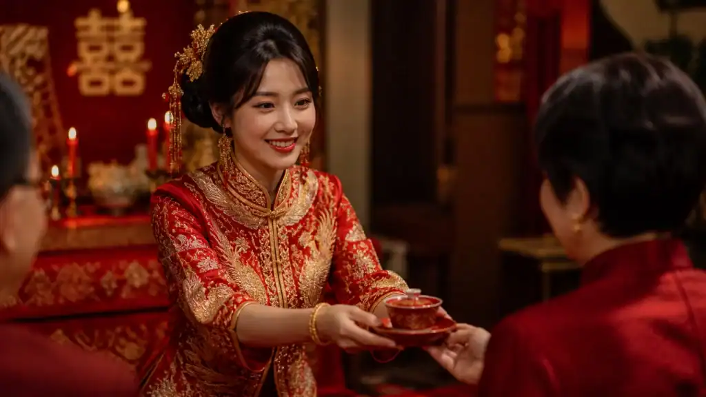 Singapore bride in traditional red kua during a Chinese tea ceremony, representing tea ceremony outfit choices.