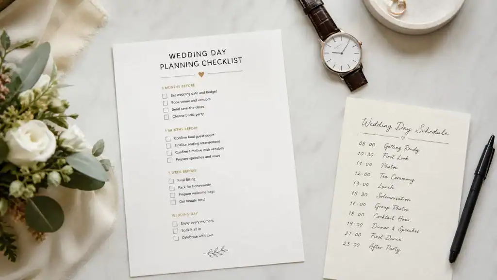 Singapore wedding day timeline planning materials for managing multiple outfit changes.
