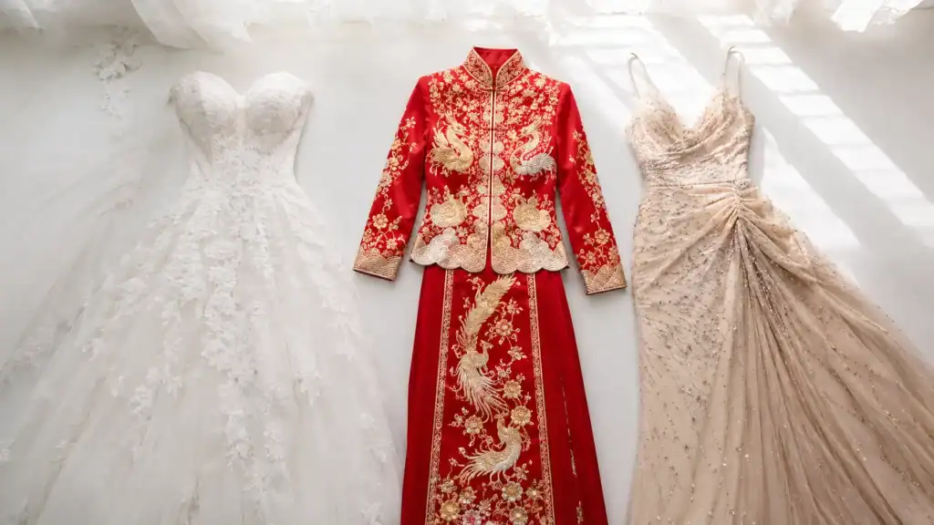 Three Singapore wedding outfits laid flat representing the three common outfit changes at a Singapore wedding.