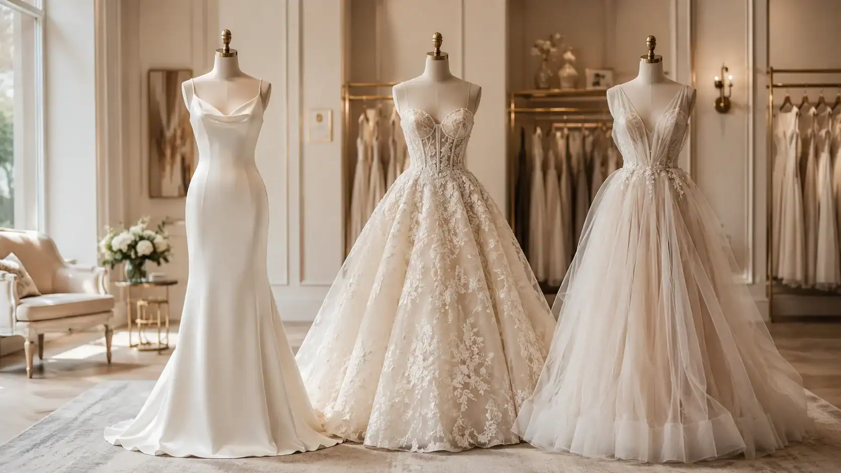 Three wedding gown styles side by side: Australian crepe sheath, structured European ballgown and soft Korean-style tulle gown