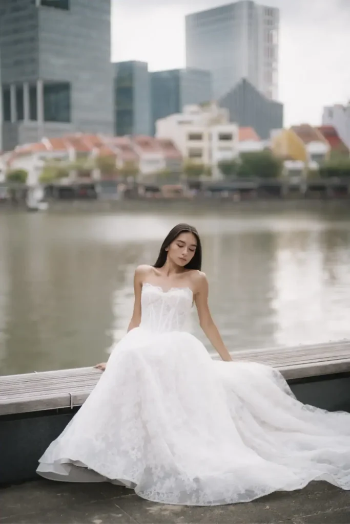 Desire strapless lace corset ball gown by the Singapore River