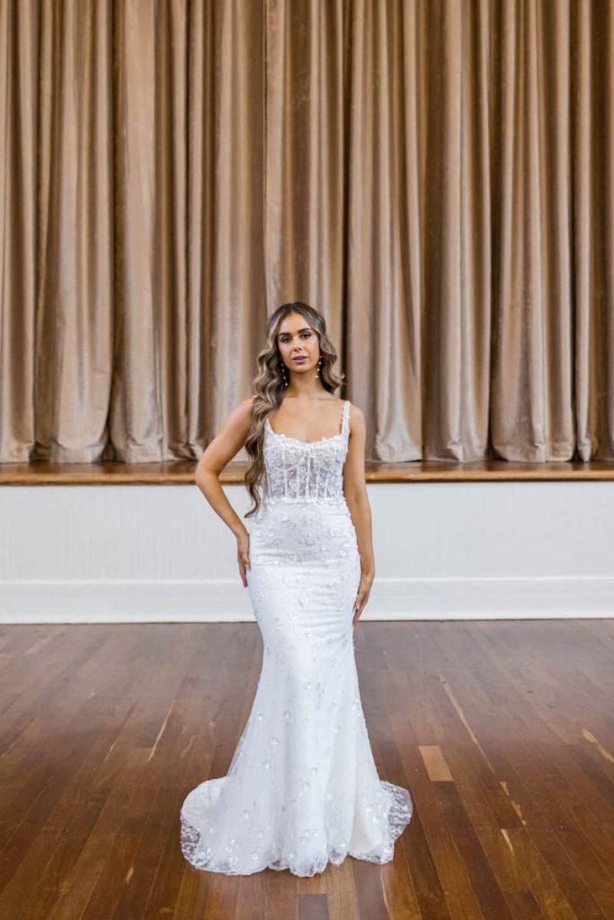 Square-neck beaded lace corset mermaid wedding gown by Zavana Bridal